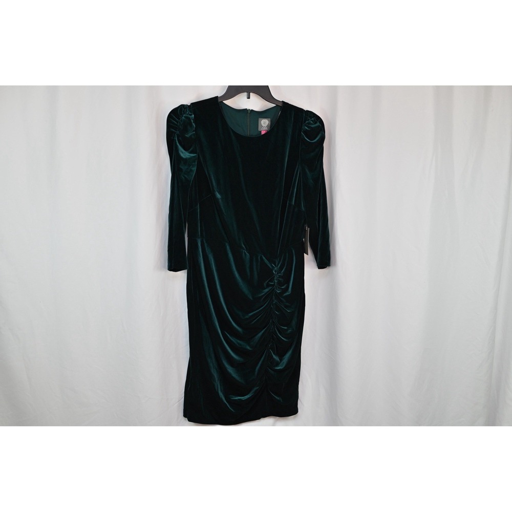 Vince Camuto Green Velvet Sheath Dress 3/4 Sleeve Ruched VC2M2597 Size 14 NWT